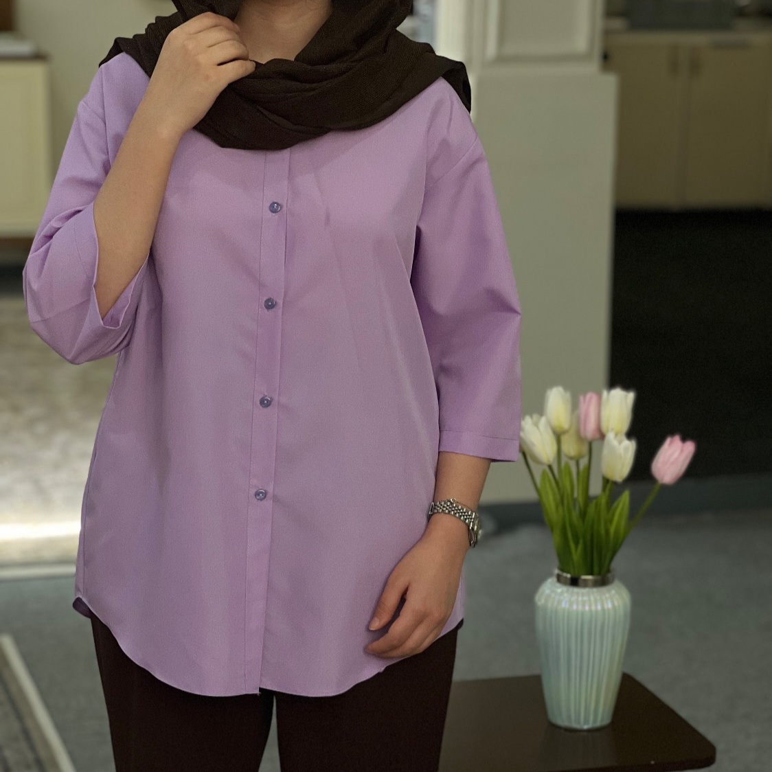 شومیز زنانه استین سه ربع دکمه خور